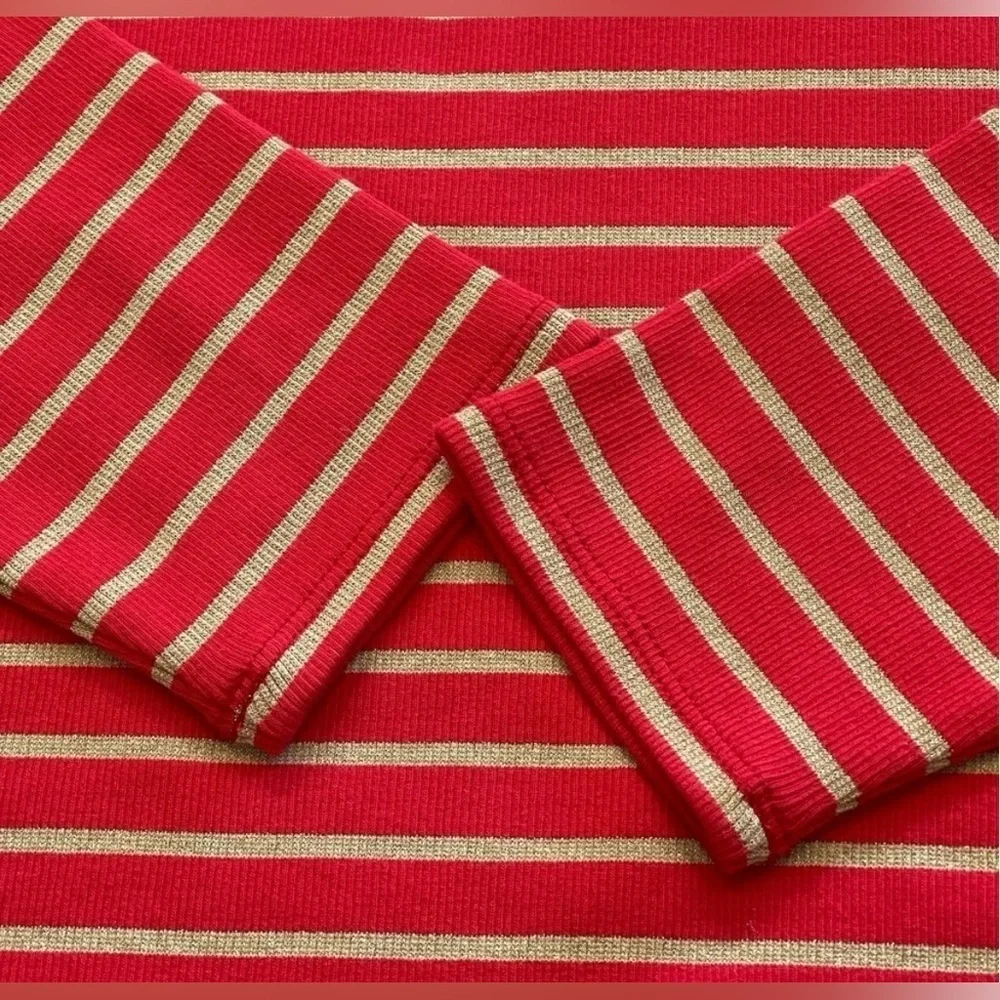 J Crew women’s NNT Size M Red Puff-Sleeve Turtleneck with Metallic Gold Stripes
